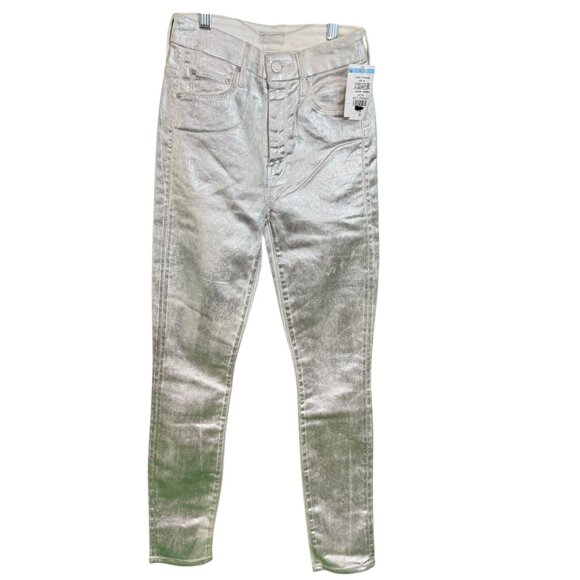 MOTHER The Looker High Waist Skinny Jeans Silver Lining Size 24 NWT Metallic - Picture 1 of 9